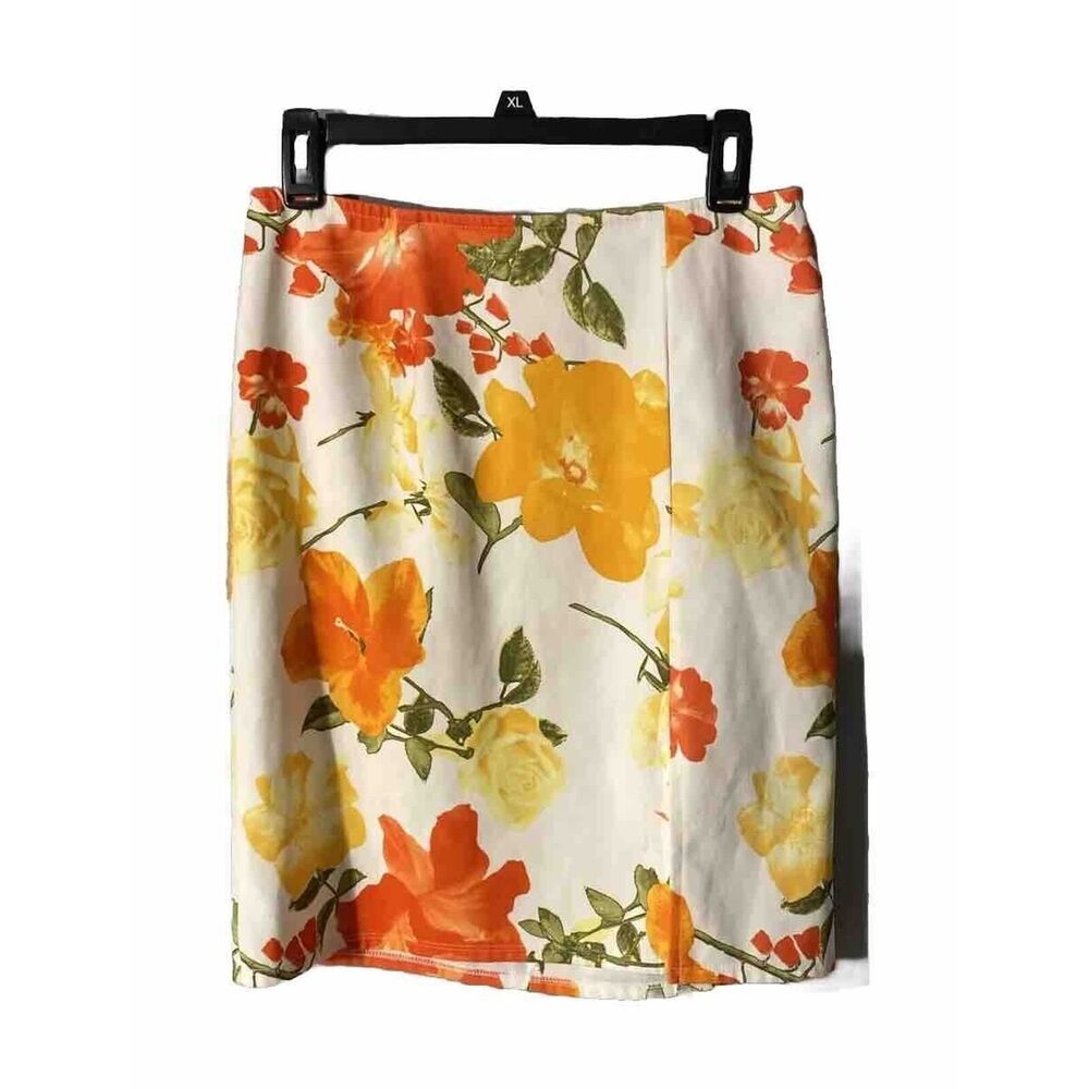 a.aubrey Women's Skirt Bright Orange Yellow Floral Print Large MIDI No Lining